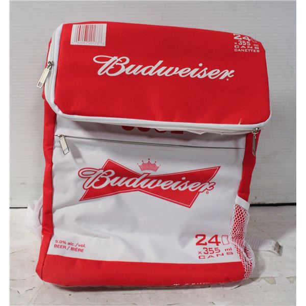 BUDWEISER COOLER BACKPACK AND TIN SIGN