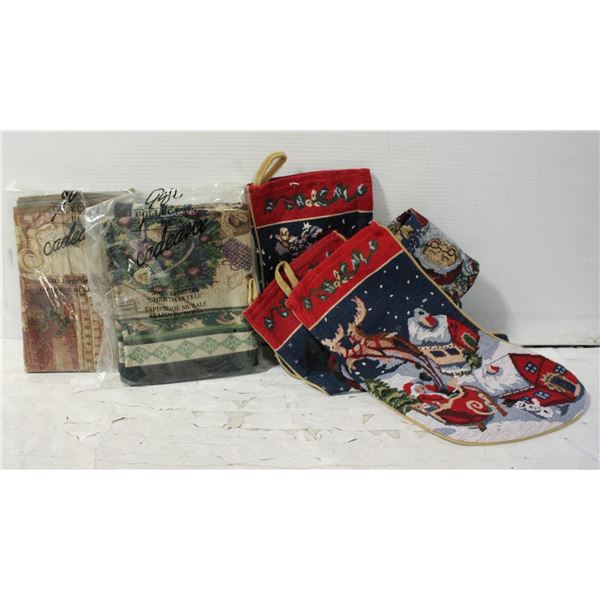 3 CHRISTMAS STOCKINGS & 2 WALL TAPESTRY