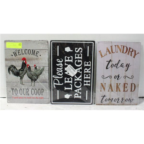 LOT OF 3 NEW HOME DÉCOR TIN SIGNS