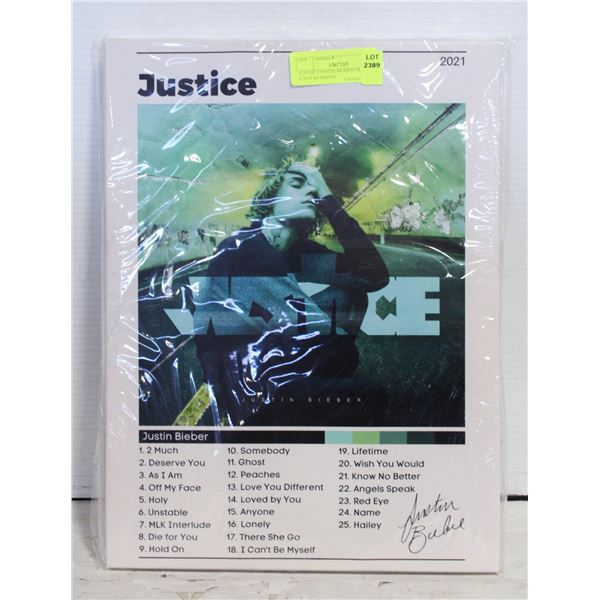 LOT OF 2 JUSTIN BEIBER FRAMED CANVAS PRINTS