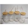 SET OF 4 DRINK JARS WITH WOOD LIDS & GLASS STRAWS