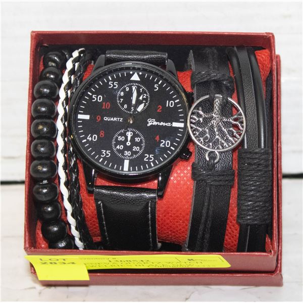 MENS GENEVA QUARTZ WATCH WITH JEWELRIES BLACK NEW