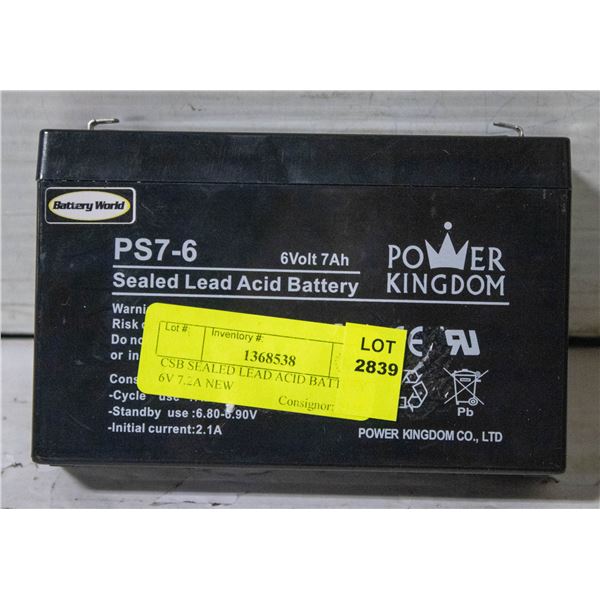 CSB SEALED LEAD ACID BATTERY 6V 7.2A NEW