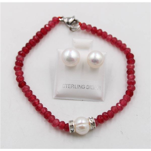 #137-NATURAL RED JADE , PEARL BRACELET &  EARRINGS