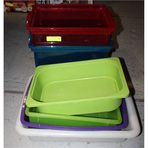 2X PLASTIC BINS & 4X PLASTIC TRAYS, NO LIDS