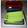 2X PLASTIC BINS & 4X PLASTIC TRAYS, NO LIDS
