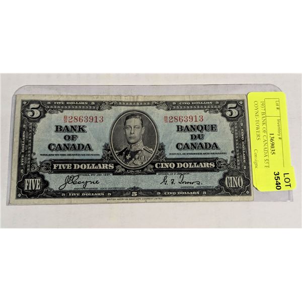 1937 BANK OF CANADA $5 BILL B/S COYNE-TOWERS