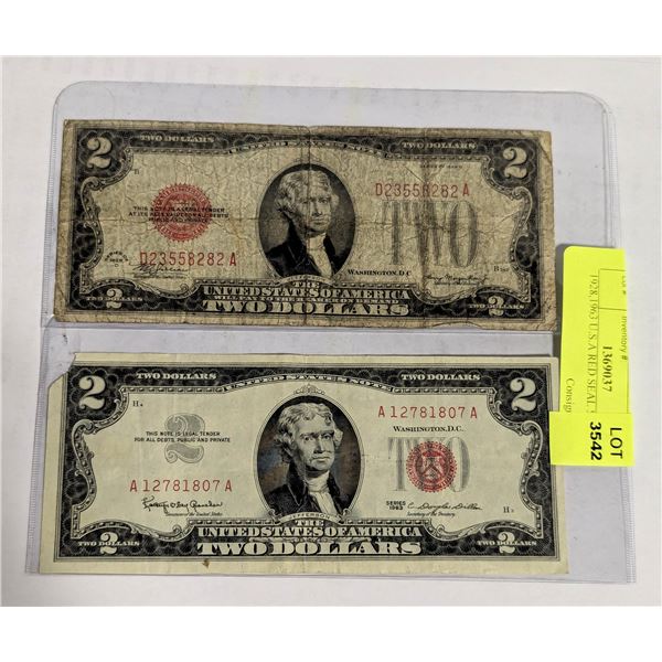 1928,1963 U.S.A RED SEAL $2 BILLS