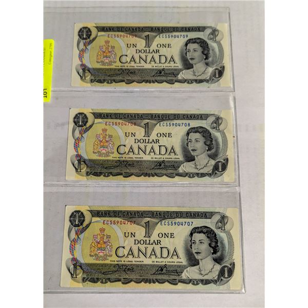 3 SEQUENTIAL 1973 CANADA $1 BILLS