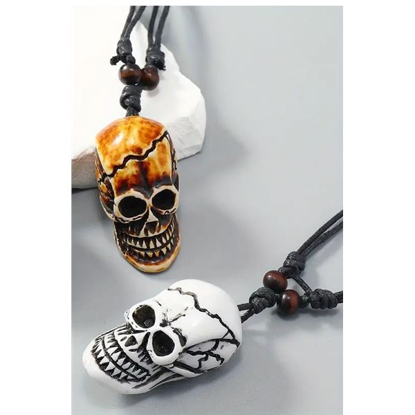 TWO RETRO SKULL PENDANT NECKLACES (WHITE+BROWN)