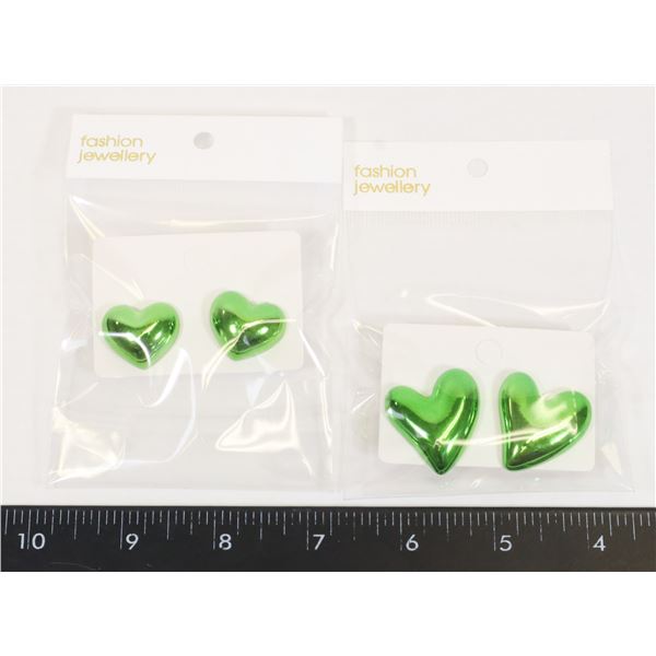 2 NEW PAIRS GREEN OF HEART DESIGN STUD EARRINGS