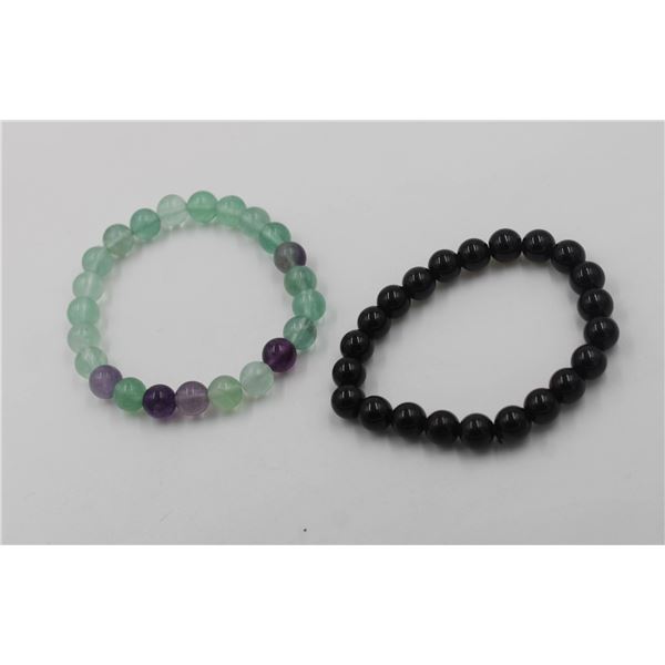 #48-NATURAL BLACK OBSIDIAN& FLOURITE BRACELET