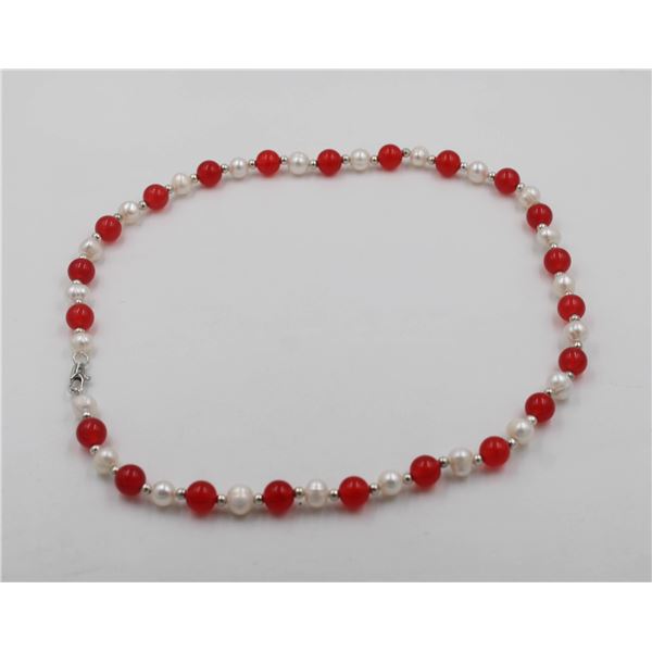 #56-NATURAL WATER PEARL & RED JADE NECKLACE 18"/8