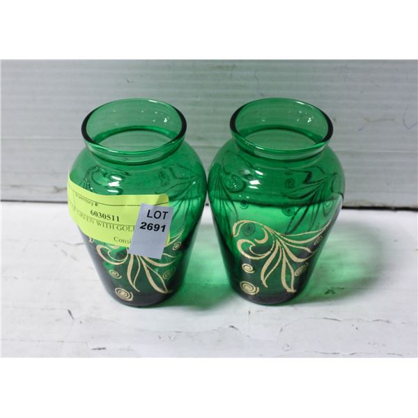 SET OF GREEN WITH GOLD VASES