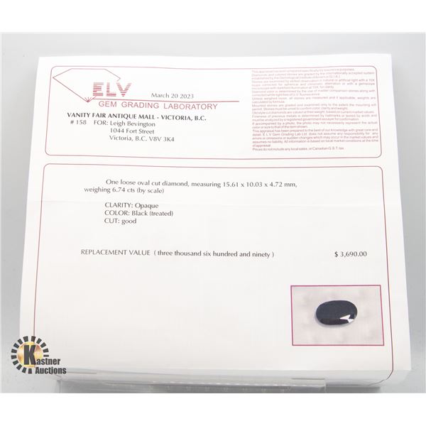 6.74 CARATS LOOSE BLACK DIAMOND COMES W COA