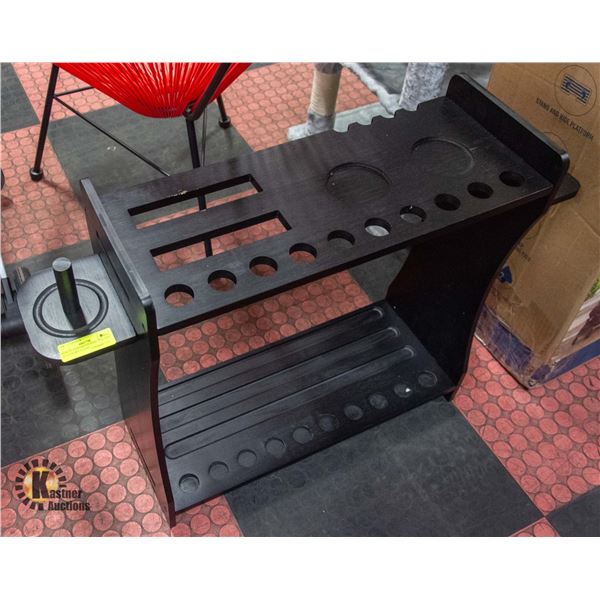 NEWLY ASSEMBLED POOL CUE AND ACCESSORY STAND
