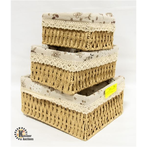 BRAND NEW SET OF 3 ROPE WOVEN TIDY STORAGE BASKETS