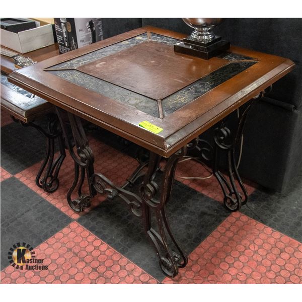 WOOD INLAID SIDE TABLE WITH METAL LEGS
