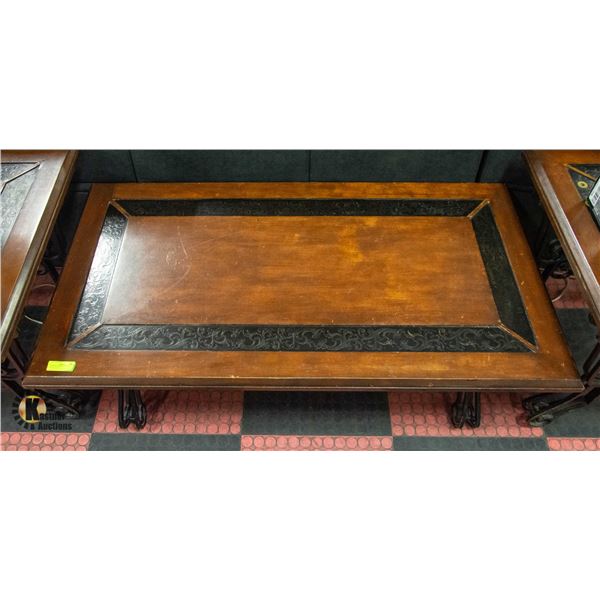 WOOD INLAID COFFE TABLE WITH METAL LEGS