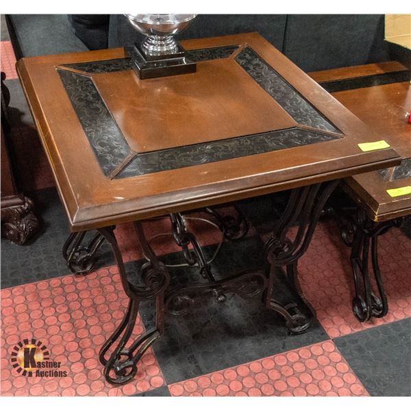 WOOD INLAID SIDE TABLE WITH METAL LEGS
