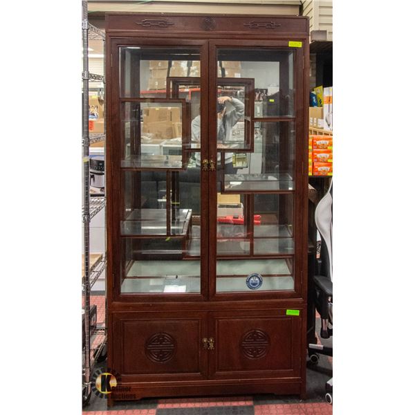 ORITENTAL STYLE GLASS AND WOOD MULTISHELF CABINET