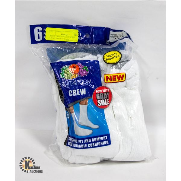WHITE CREW SOCKS 12-16 SIZE 6-PACK FRUIT OF LOOM