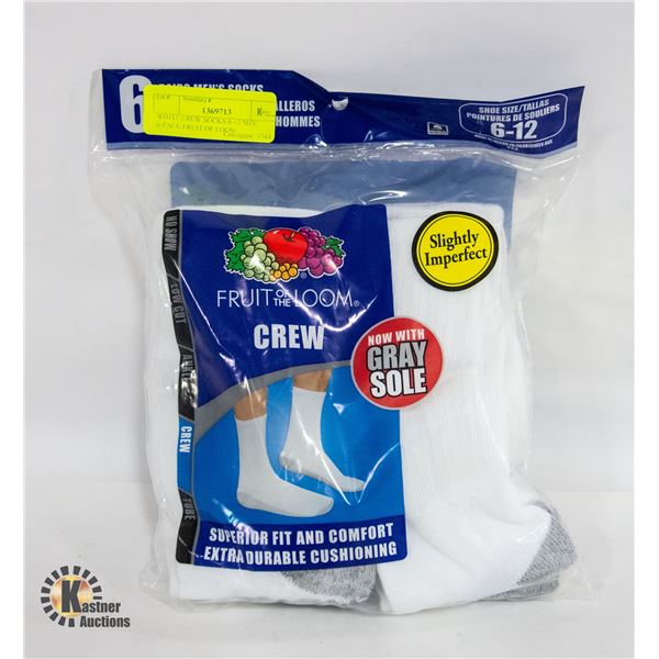 WHITE CREW SOCKS 6-12 SIZE 6-PACK FRUIT OF LOOM