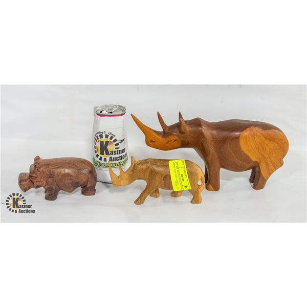 ESTATE WOOD CARVED RHINOS & HIPPO TOGETHER-ESTATE