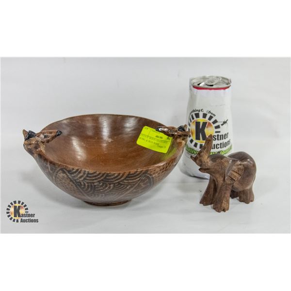 ESTATE WOOD GIRAFFE CARVED BOWL & IRON WOOD