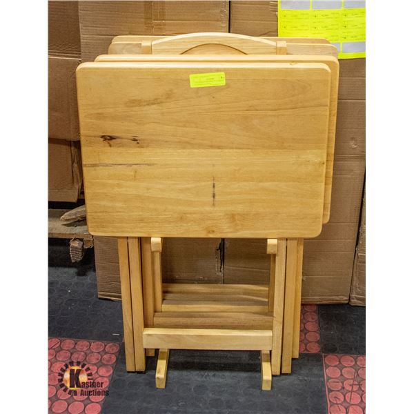 4 WOODEN FOLDING TV TABLES W/STORAGE RACK