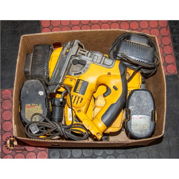 BOX OF DEWALT DRILLS & JIGSAW W/ 2 BATTERIES