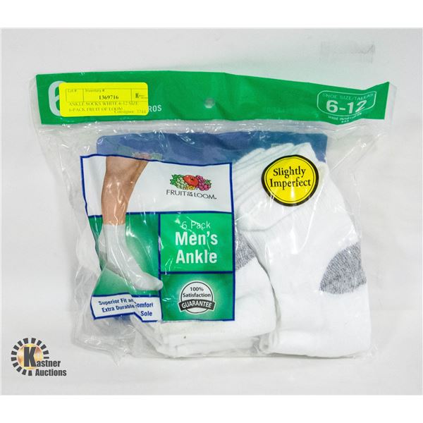 ANKLE SOCKS WHITE 6-12 SIZE 6-PACK FRUIT OF LOOM