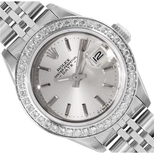 Rolex Ladies Stainless Steel Silver Index Diamond Date Wristwatch