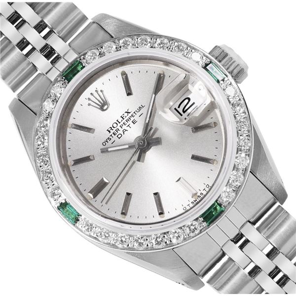 Rolex Ladies Stainless Steel Silver Index Emerald and Diamond Date Wristwatch
