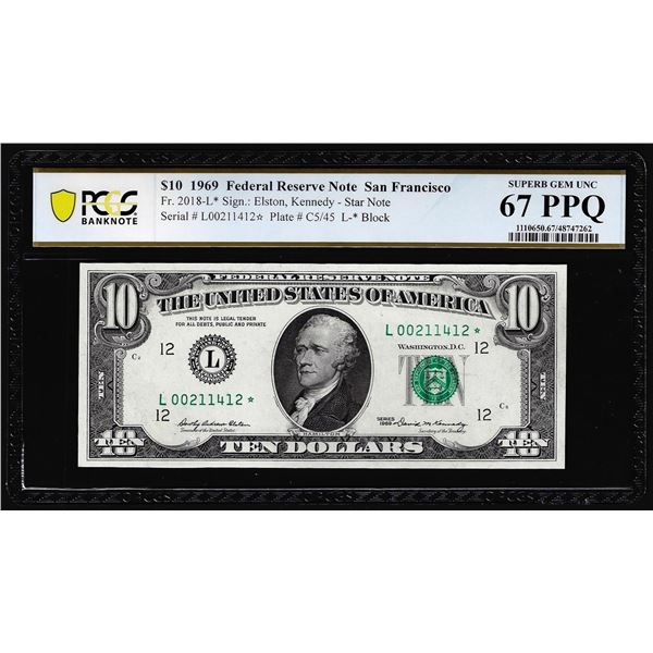 1969 $10 Federal Reserve STAR Note Fr.2018-L* PCGS Superb Gem Unc 67PPQ Top Pop