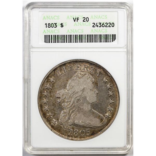 1803 $1 Draped Bust Silver Dollar Coin ANACS VF20 Old Soapbox Holder