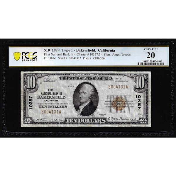 1929 Type 1 $10 First National Bank of Bakersfield, CA CH# 10357 PCGS Very Fine 20