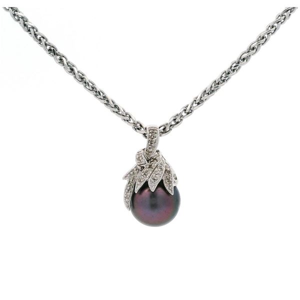 14KT White Gold Pearl and Diamond Pendant with Chain