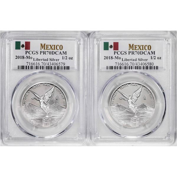 Lot of (2) 2018-Mo Mexico Proof 1/2 oz Silver Libertad Coins PCGS PR70DCAM
