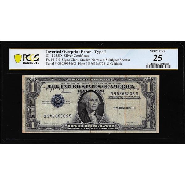 1935D $1 Silver Certificate Note Inverted Overprint Error Type 1 PCGS Very Fine 25