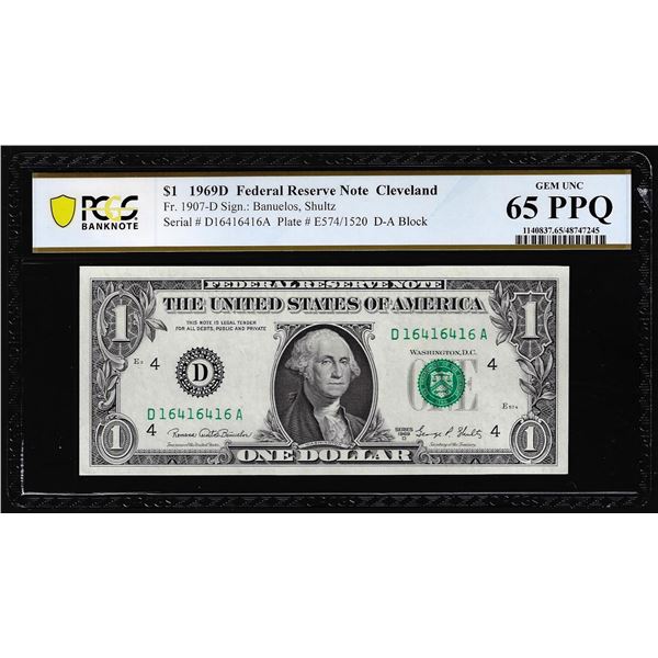 1969D $1 Federal Reserve Note Cleveland Fr.1907-D PCGS Gem Unc 65PPQ Fancy Serial