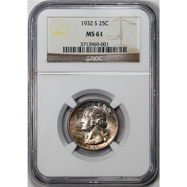 1932-S Washington Quarter Coin NGC MS61 Nice Toning