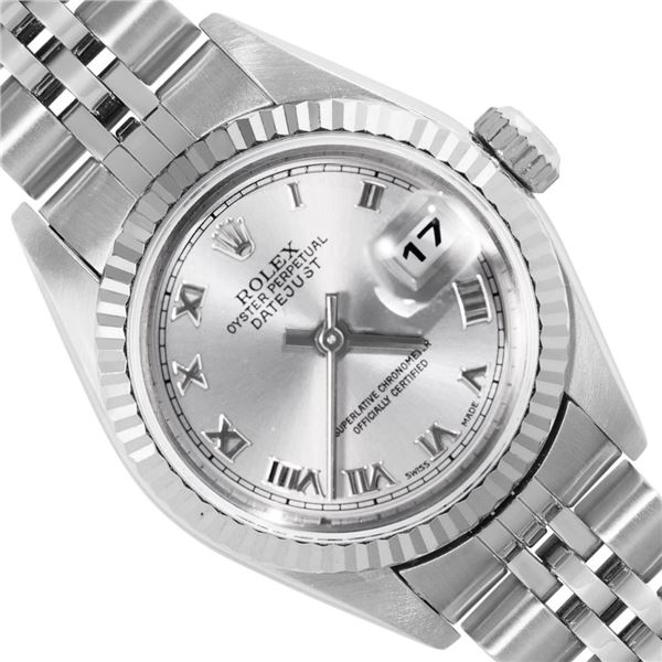 Rolex Ladies Stainless Steel Silver Roman Datejust Wristwatch