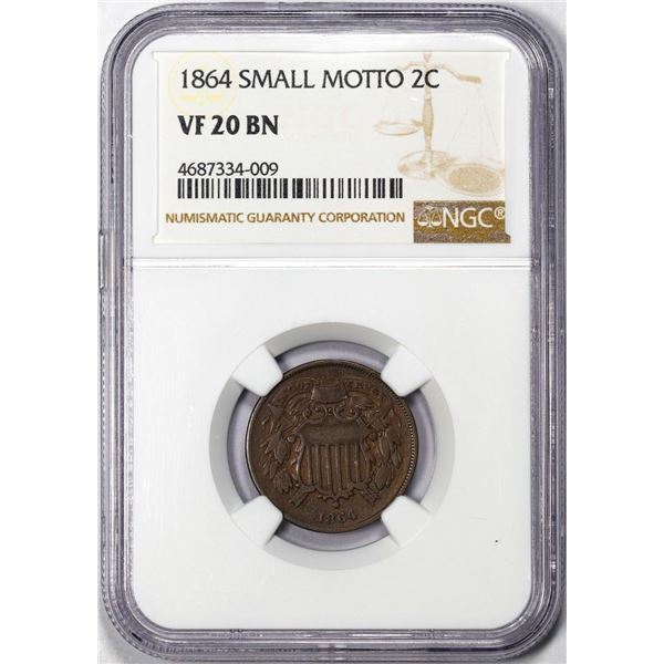 1864 Small Motto Two Cent Piece Coin NGC VF20BN