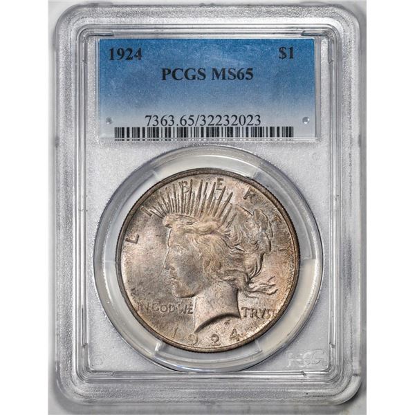 1924 $1 Peace Silver Dollar Coin PCGS MS65 Nice Toning