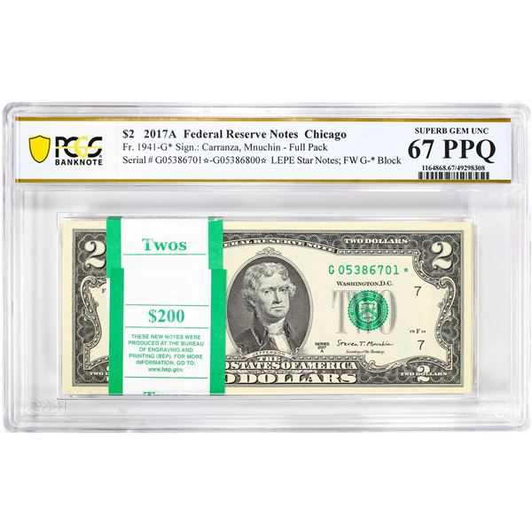 Pack 2017A $2 Federal Reserve STAR Notes Chicago Fr.1941-G* PCGS Superb Gem UNC 67PPQ