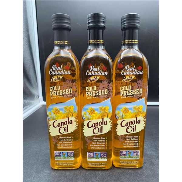Real Canadian Gold - Cold Pressed 100% Pure Virgin Canola Oil 500ml (455 gram) Lot of 3