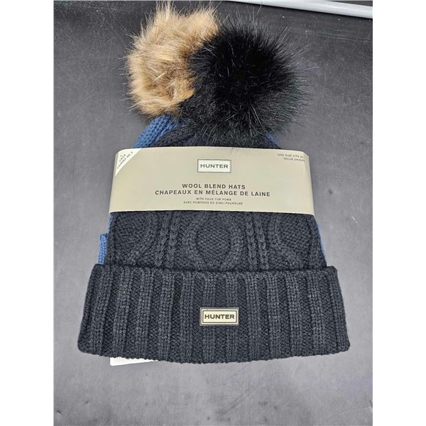 Hunter Wool Blend Hats With Faux Fur Poms Pack of 2 - Blue & Black