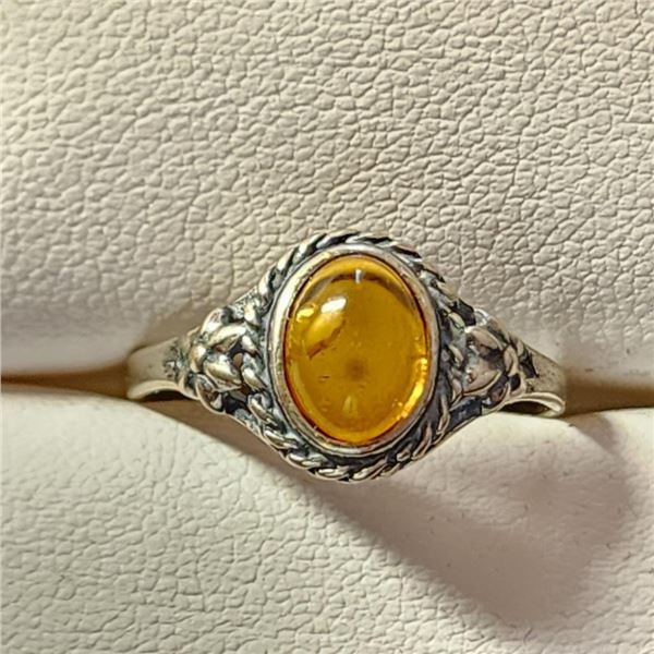 Silver Amber Ring (~Size 7.5)(Ring is resizable for $40), Suggested Retail Value $80