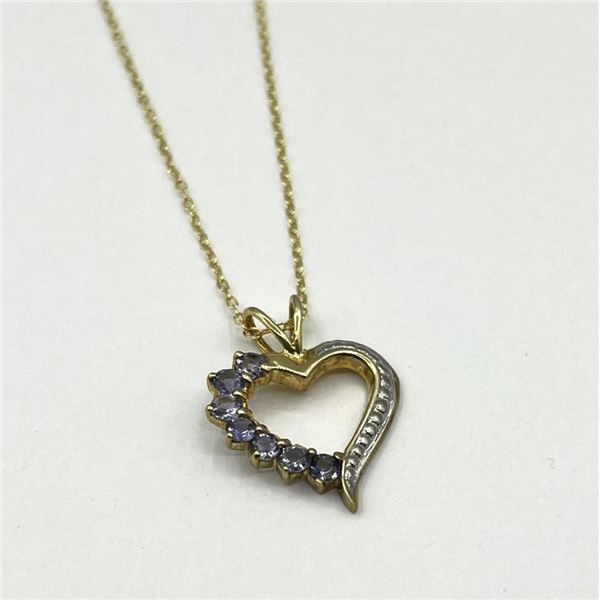 Gold Plated Sterling Silver Natural Iolite Heart Shape Pendant With Gold Plated Sterling Silver Chai